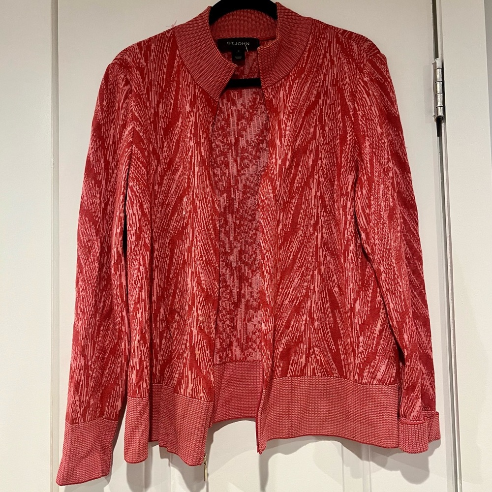 Vintage St. John Pink Red Knit Jacket Women's Size M Sweater Zip Luxury - Picture 2 of 6